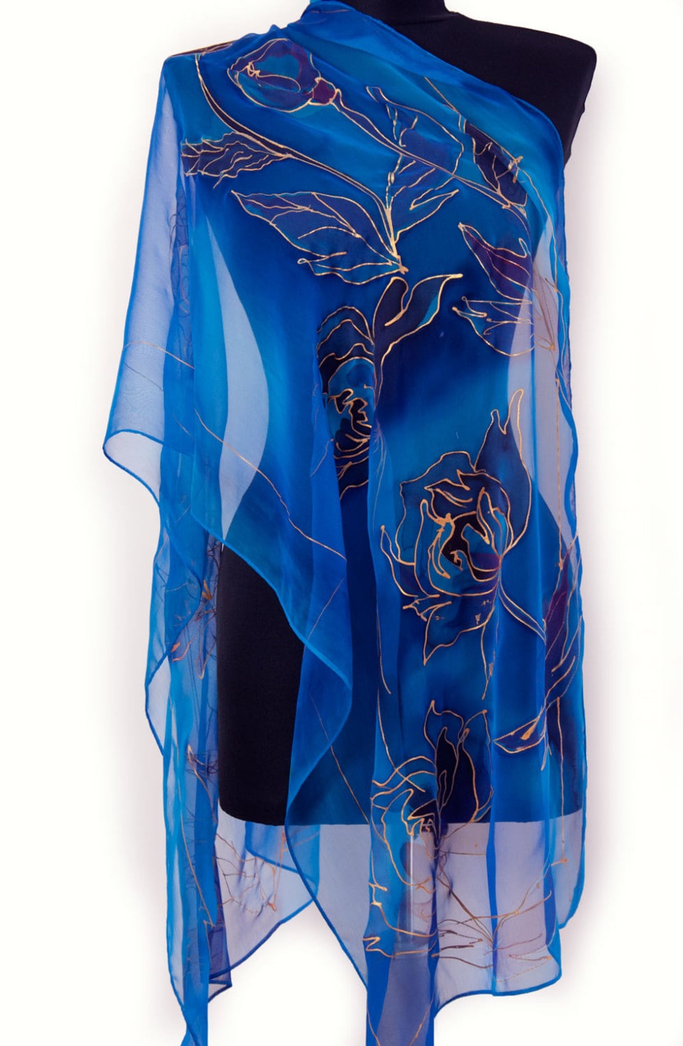 Handbemalter Seiden-Chiffon-Schal, Blaue Blumenrosen, Frauen-Langer Schal, Geschenk Für Weihnachten von GABYGA