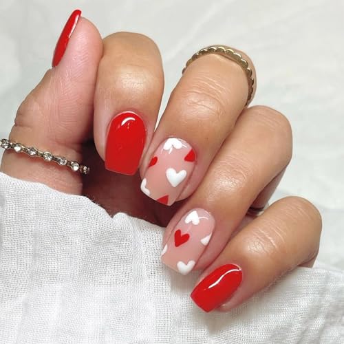 24 x Herz Full Covers Stick On Nails Valentinstag Falsche Nägel Press on Nails Kurz Quadrat Kunstnägel für Frauen von GADAW