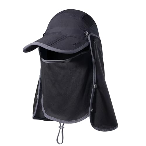 GADIEMKENSD Anglerhut Sommer UPF 50+ Outdoor Wandern Dschungel Berg Sonne Herren Schnelltrocknendes Baseballcap Gesichts- und Nackenschutzklappe Wasserdicht Atmungsaktive Kappen Klappe Hüte Schwarz von GADIEMKENSD