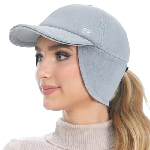 GADIEMKENSD Fleece Wintermützen für Frauen mit Doppelter Pferdeschwanzöffnung und Ohrklappen Ohrenwärmer Reflektierende Elastische Baseballmütze Thermische Mütze für Lauftraining Hellgrau von GADIEMKENSD