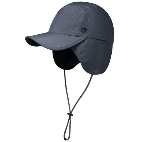 GADIEMKENSD Herren wasserdichte Wintermütze Baseballkappe mit Ohrenklappen Reflektierendes Seil Warme Trappermütze mit Fleecefutter Thermomütze für kaltes Wetter Jagd Laufen Dunkelgrau von GADIEMKENSD