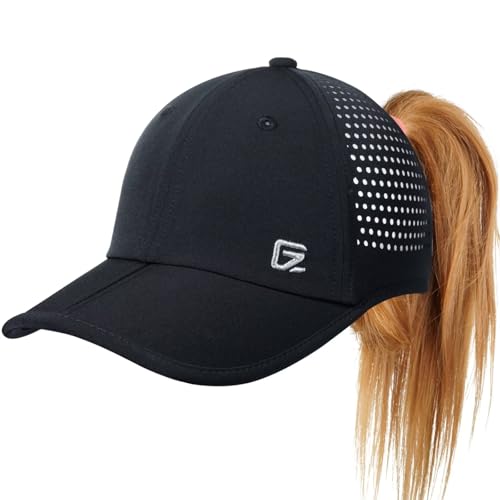 GADIEMKENSD Ponytail Hüte für Frauen Sommer Baseballmütze mit Ponytail Loch Schnurzug Verstellbare Atmungsaktive Netz Dri Fit Hochgesteckter Sonnenhut für Laufen Workout Gym Strand Sport Schwarz von GADIEMKENSD