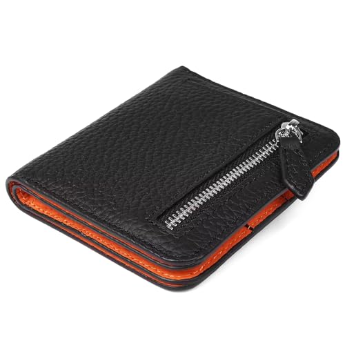 GADIEMKENSD Small Wallet Bifold Credit Card Holder Genuine Leather Coin Purse RFID Blocking Mini Compact Pocket Wallet with Zipper Ultra Slim Minimalist Black/Orange von GADIEMKENSD