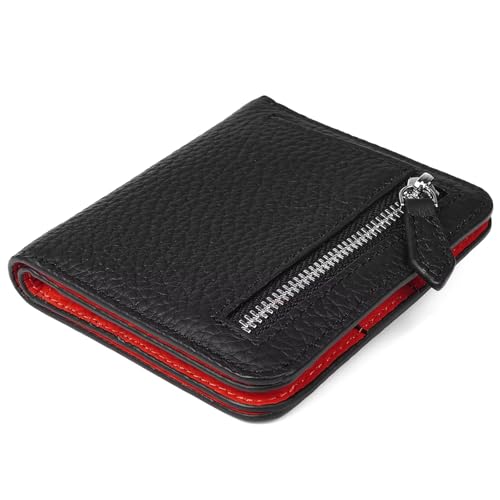 GADIEMKENSD Small Wallet Bifold Credit Card Holder Genuine Leather Coin Purse RFID Blocking Mini Compact Pocket Wallet with Zipper Ultra Slim Minimalist Black/Red von GADIEMKENSD