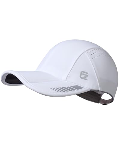 GADIEMKENSD UPF 50+ Faltbare Sportkappe mit reflektierenden Akzenten, Performance-Laufmütze aus atmungsaktivem Mesh, Dri-Fit-Basecap für Golf, Tennis und Training, Weiß L von GADIEMKENSD