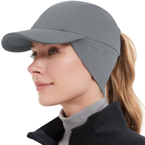 GADIEMKENSD Winter Fleece Hats Reflective Ponytail Hat for Women Ball Caps with Earflap Drop Down Ear Warmer Mens Skull Cap Beanie with Visor Cold Hat for Outdoor Hiking Snow Ski Running Light Gray von GADIEMKENSD
