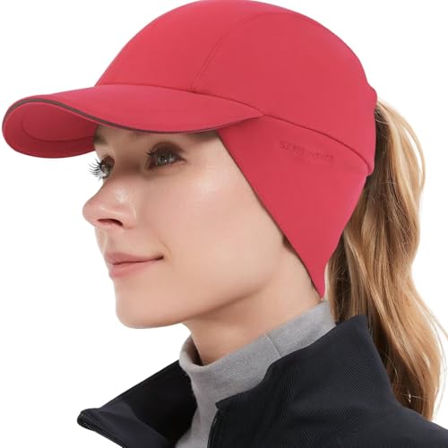 GADIEMKENSD Winter Fleece Hats Reflective Ponytail Hat for Women Ball Caps with Earflap Drop Down Ear Warmer Mens Skull Cap Beanie with Visor Cold for Cool Outdoor Running Hiking Sport Cap Red von GADIEMKENSD