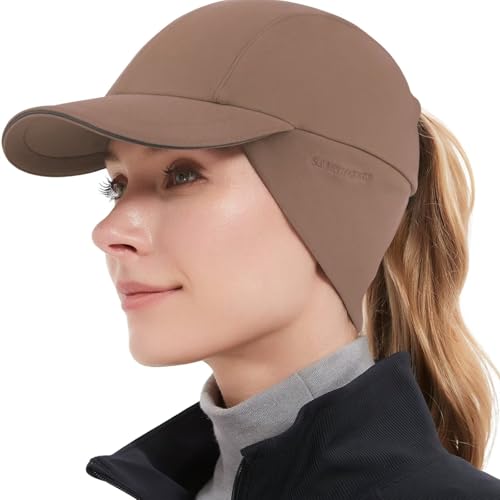 GADIEMKENSD Winter Fleece Hats Reflective Ponytail Hat for Women Baseball Caps with Ear Warmer Earflap Drop Down Mens Skull Cap Beanie with Visor Cold Hat for Outdoor Hiking Running Snow Ski Brown von GADIEMKENSD