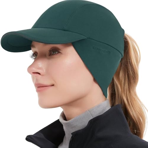 GADIEMKENSD Winter Fleece Hats Reflective Ponytail Hat for Women Baseball Caps with Earflap Drop Down Ear Warmer Mens Skull Cap Beanie with Visor Cold Hat for Outdoor Hiking Running Snow Dark Green von GADIEMKENSD
