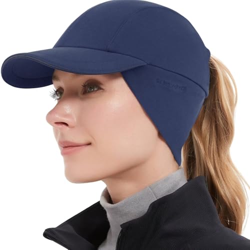 GADIEMKENSD Winter Fleece Hats Reflective Ponytail Hat for Women Baseball Caps with Earflap Drop Down Ear Warmer Mens Skull Cap Beanie with Visor Cold Hat for Outdoor Hiking Running Snow Ski Navy von GADIEMKENSD