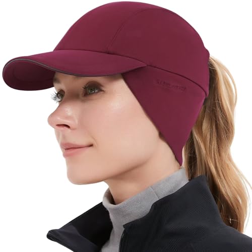 GADIEMKENSD Winter Fleece Hats Reflective Ponytail Hat for Women Baseball Caps with Earflap Drop Down Ear Warmer Mens Skull Cap Beanie with Visor Cold Hat for Outdoor Running Snow Ski Hiking Wine Red von GADIEMKENSD