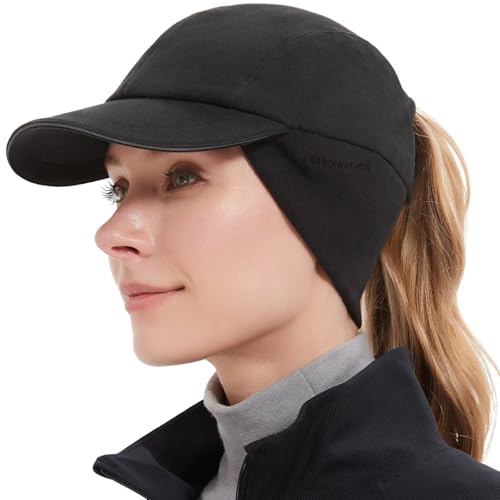 GADIEMKENSD Winter Fleece Hats Reflective Ponytail Hat for Women Baseball Caps with Earflap Drop Down Ear Warmer Mens Skull Cap Beanie with Visor Cold Hat for Outdoor Snow Ski Hiking Running Black von GADIEMKENSD