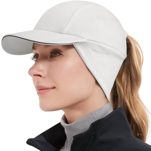 GADIEMKENSD Winter Reflective Ponytail Hat Fleece Hats for Women Baseball Caps with Earflap Drop Down Ear Warmer Mens Skull Cap Beanie with Visor Cold Hat for Outdoor Hiking Running Snow White von GADIEMKENSD