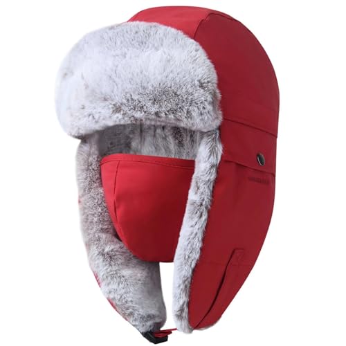 GADIEMKENSD Winter Trapper Hat for Men Warm Russian Ushanka for Women Snow Skiing Hunting Trooper Hat with Ear Flaps Chin Strap Windproof Mask Faux Fur Aviator Warm Hat Cold Weather Caps Red XL von GADIEMKENSD