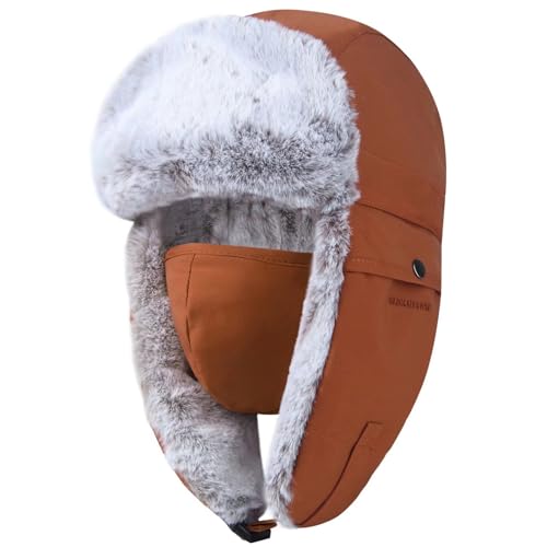 GADIEMKENSD Winter Trapper Hat for Women and Kid Warm Russian Gas Ushanka for Men Snow Ski Clothes Hunting Trooper Hat with Earflaps Chin Strap Windproof Face Mask Faux Fur Aviator Warm Hat Camel L von GADIEMKENSD