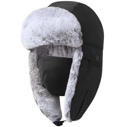 GADIEMKENSD Winter Trapper Hat for Women and Kid Warm Russian Ushanka for Men Snow Ski Hunting Trooper Hat with Ear Flaps Chin Strap Windproof Mask Faux Fur Aviator Warm Hat Cold Weather Cap Black L von GADIEMKENSD