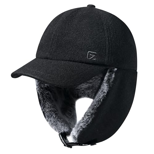 GADIEMKENSD Winter Woll Baseball Kappe mit Ohrklappen Reflektierender Fallenstellerhut für Männer Frauen Winddichter Jagdhut Winter Schirmmütze für Außenarbeit Ski Schnee Schwarz von GADIEMKENSD