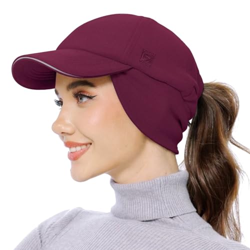 GADIEMKENSD Women's Fleece Ponytail Hat Reflective Winter Hat with Ear Warmer Cold Hat with Adjustable Headband and Flip Down Earflap Skull Cap Beanie for Outdoor Hiking Running Snow Ski Wine Red von GADIEMKENSD