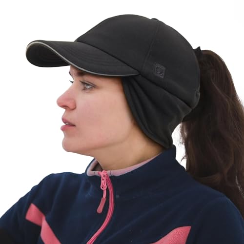 GADIEMKENSD Women's Fleece Ponytail Hat Reflective Winter Hat with Earflaps Trapper Hat with Drop Down Ear Warmers Adjustable Baseball Cap Beanie for Skiing Snowboarding Hiking Running Black von GADIEMKENSD