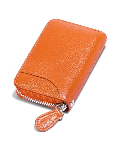 RFID Blocking Leather Wallet for Women Women's Genuine Leather Credit Card Holder Ladies Small Blocked Accordion Wallets with Stainless Steel Zipper Woman Compact Accordian ID Cards Bag Orange von GADIEMKENSD