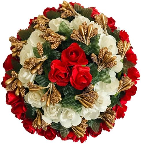 Gadinfashion Stoff-Haarknoten, Gajra-Blume, künstliches Juda-Zubehör für Damen, in Weiß und Rot, mehrfarbig, 1 Stück Gadinfashion Stoff-Haarknoten, Gajra-Blume, künstliches Juda-Zubehör für Damen, in Weiß und Rot, mehrfarbig, 1 Stück von GADINFASHION