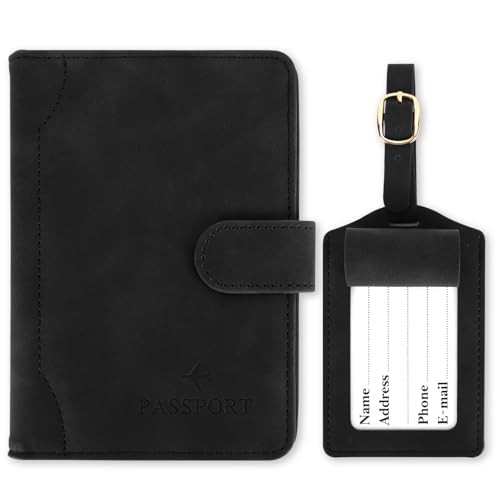 GADITIEK Reisepasshülle und Kofferanhänger Set, Kunstleder Passport Hülle, Passport Cover mit RFID-Blocker, Reisepass Hülle Holder, Passhülle Organizer Wallet, Reise Must Haves Gadgets (Schwarz) von GADITIEK
