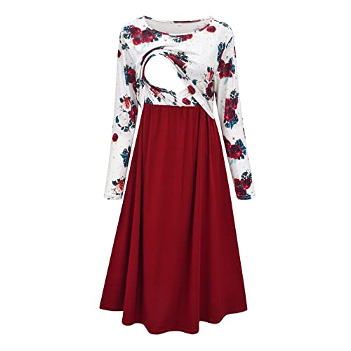 GADXE Umstandsmode für Damen, lässig, langärmelig, mit Rundhalsausschnitt, Blumenmuster, Stillkleid zum Stillen Weihnachten Umstandsmode (Red, S) von GADXE