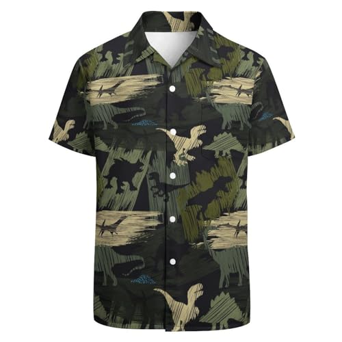 GADZILLE Hawaii-Hemd für Herren Casual Button Down Hemd Kurzarm Aloha Strand Hemd Party Hemd, Dinosaurier dunkelgrün, Groß von GADZILLE