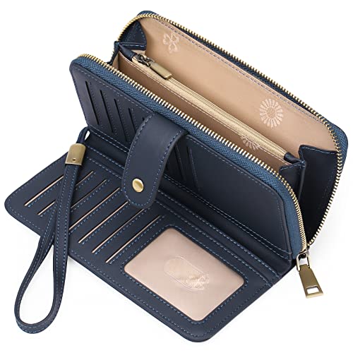 GAEKEAO Damen-Geldbörse, RFID-blockierend, Leder, mit Reißverschluss, Clutch-Armband, große Kapazität, lange Geldbörse, Marineblau, Classic von GAEKEAO