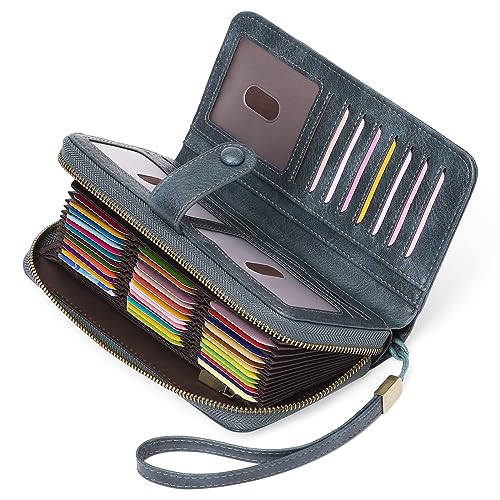 GAEKEAO Kreditkartenetui aus Leder für Damen, RFID-blockierend, große Kapazität, Bifold-Reißverschluss, Kartenetui, Organizer mit Handgelenk, 45 Fächer, Blau, Modern von GAEKEAO