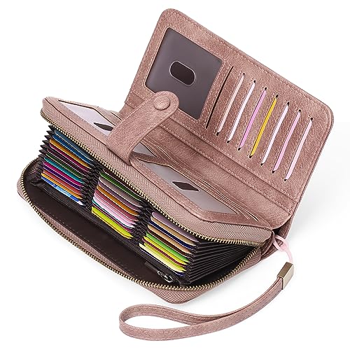 GAEKEAO Kreditkartenetui aus Leder für Damen, RFID-blockierend, große Kapazität, Bifold-Reißverschluss, Kartenetui, Organizer mit Handgelenk, 45 Fächer, Pink, Modern von GAEKEAO