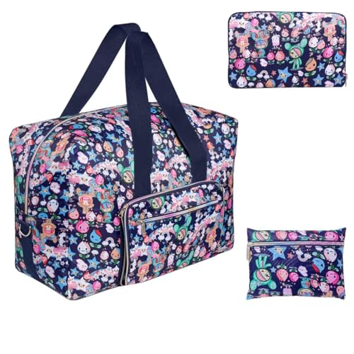 Duffle Bag Airline Reisetasche Frauen Mädchen Niedliche Muster Weekender Übernachtung Carry On Bag Kinder Gepäck Einkaufen Strandtasche Schultergurt, Blau-Cartoon-, L von GAENMESN