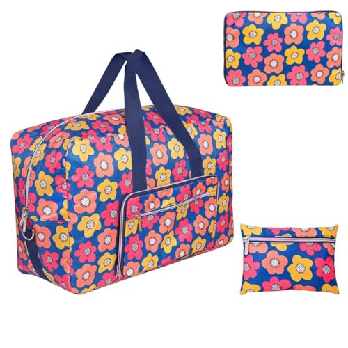 Faltbare Reisetasche für Damen, Blumenmuster, Wochenendtasche, Übernachtung, Handgepäcktasche, Make-up-Tasche, karierte Schultergurte, Cartoon-Tasche, Orange-Sonnenblume, L von GAENMESN