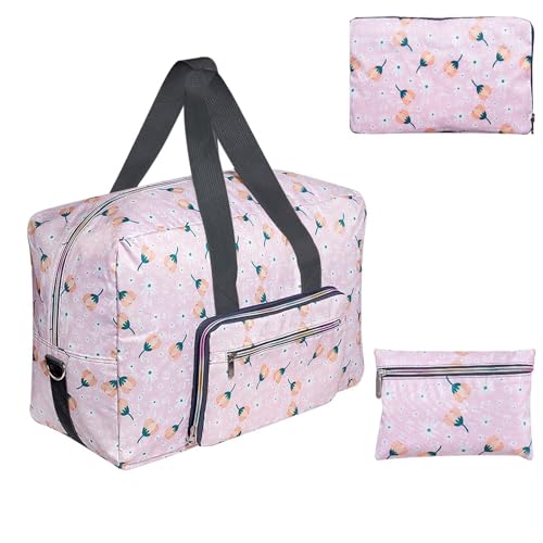 Faltbare Reisetasche für Damen, Blumenmuster, Wochenendtasche, Übernachtung, Handgepäcktasche, Make-up-Tasche, karierte Schultergurte, Cartoon-Tasche, Pink-Flower, L von GAENMESN