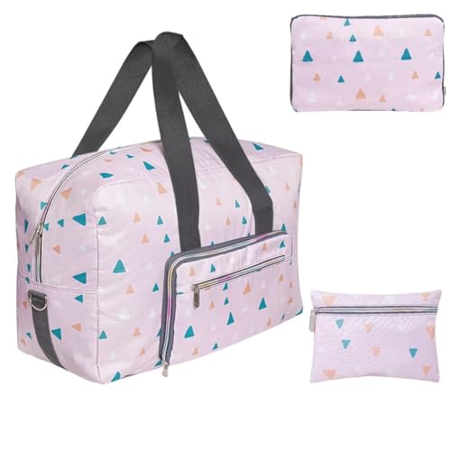 Duffle Bag Airline Reisetasche Frauen Mädchen Niedliche Muster Weekender Übernachtung Carry On Bag Kinder Gepäck Einkaufen Strandtasche Schultergurt, Rosa, Dreieck, L von GAENMESN