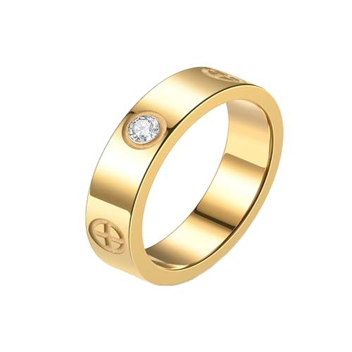 MAGIIE Schmuck 6mm Damen Ring Gold,18k Vergoldet Ring Hochzeitsringe Edelstahl Damen,Zirkon Ring Elegant Damen,Jahrestag Vertrauensring Ewigkeitsringe für Damen (Gold Zirkon, 50) von GAENZA