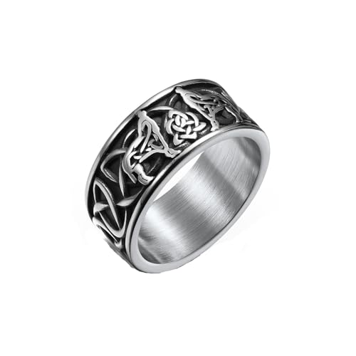 MAGIIE Silber Ringe für Herren,Viking Rune Ring Punk Biker Ring für Herren,Celtics Herren Ring aus Edelstah,Nordische Mythologie Ring Herren,Größe 60 bis 70 (Schwarz Werwolf, 64) von MAGIIE