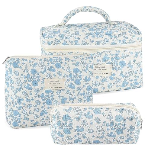 GAESHOW 3 Stück Kosmetiktasche Reise, Gesteppte Kulturtasche Damen, Schminktasche Kulturbeutel Set, Baumwolle Make-up Tasche, Waschtasche mit Blumenmuster (Blau) von GAESHOW