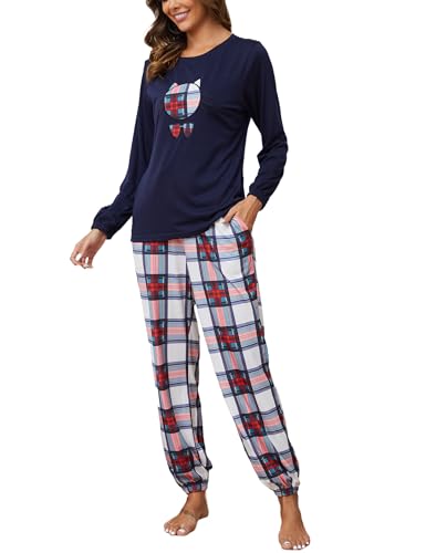 GAESHOW Damen Baumwolle Pyjama Set, 2 Teilig Langarm Niedlichem Druck Schlafanzug, Sleepwear Set mit Taschen für Wohnzimmer, Home, S-XXL von GAESHOW
