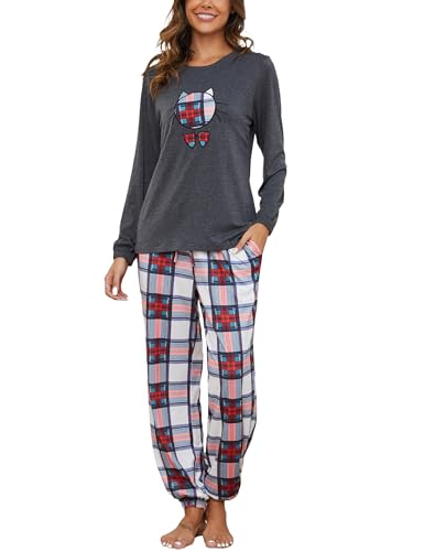 GAESHOW Damen Baumwolle Pyjama Set, 2 Teilig Langarm Niedlichem Druck Schlafanzug, Sleepwear Set mit Taschen für Wohnzimmer, Home, S-XXL von GAESHOW