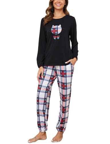 GAESHOW Damen Baumwolle Pyjama Set, 2 Teilig Langarm Niedlichem Druck Schlafanzug, Sleepwear Set mit Taschen für Wohnzimmer, Home, S-XXL von GAESHOW