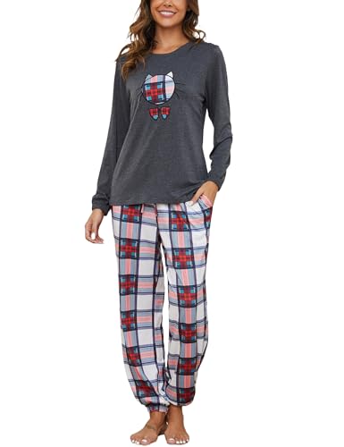 GAESHOW Damen Baumwolle Pyjama Set, 2 Teilig Langarm Niedlichem Druck Schlafanzug, Sleepwear Set mit Taschen für Wohnzimmer, Home von GAESHOW