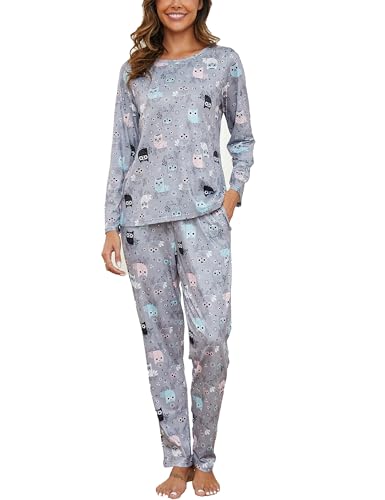 GAESHOW Damen Baumwolle Pyjama Set, 2 Teilig Langarm Niedlichem Druck Schlafanzug, Sleepwear Set mit Taschen für Wohnzimmer, Home, S-XXL von GAESHOW