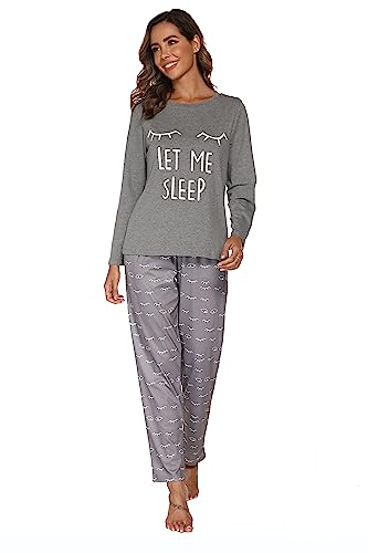 GAESHOW Damen Baumwolle Pyjama Set, 2 Teilig Langarm Niedlichem Druck Schlafanzug, Sleepwear Set mit Taschen für Wohnzimmer, Home von GAESHOW