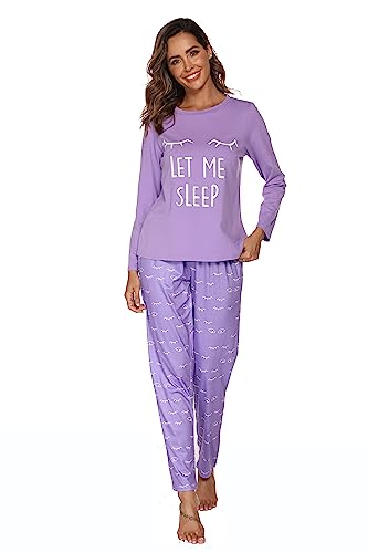 GAESHOW Damen Baumwolle Pyjama Set, 2 Teilig Langarm Niedlichem Druck Schlafanzug, Sleepwear Set mit Taschen für Wohnzimmer, Home von GAESHOW