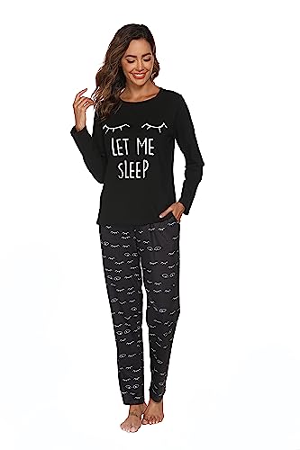 GAESHOW Damen Baumwolle Pyjama Set, 2 Teilig Langarm Niedlichem Druck Schlafanzug, Sleepwear Set mit Taschen für Wohnzimmer, Home von GAESHOW