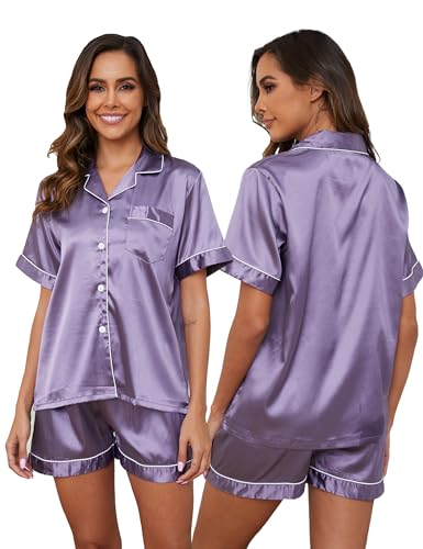 GAESHOW Damen Pyjama Set, 2 Teilig Satin Langarm Schlafanzug, Seide Sleepwear Set für Wohnzimmer Home, Loungewear für alle Jahreszeiten von GAESHOW