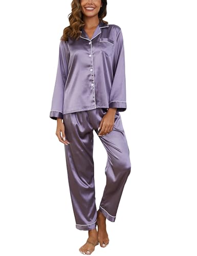 GAESHOW Damen Pyjama Set, 2 Teilig Satin Langarm Schlafanzug, Seide Sleepwear Set für Wohnzimmer Home, Loungewear für alle Jahreszeiten von GAESHOW