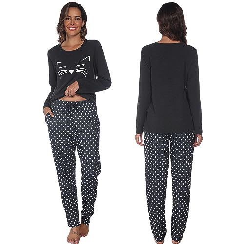 GAESHOW Damen Pyjama Set, Baumwolle Langärmelig Damen Schlafanzug Set, Katzendruck Punkte Nachtwäsche, Zweiteiliger Rund Ausschnitt Loungewear, Spring and Autumn Hausanzug von GAESHOW