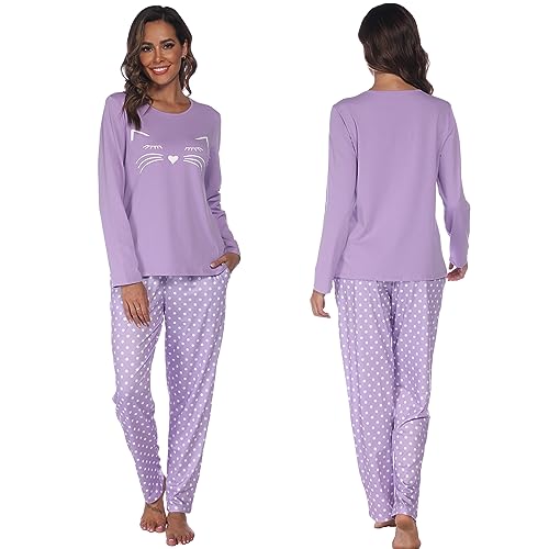 GAESHOW Damen Pyjama Set, Baumwolle Langärmelig Damen Schlafanzug Set, Katzendruck Punkte Nachtwäsche, Zweiteiliger Rund Ausschnitt Loungewear, Spring and Autumn Hausanzug von GAESHOW